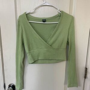 Green Corduroy V-Neck Crop Top